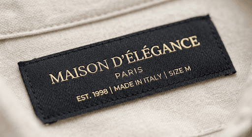 Close up of exquisite damask woven labels and metallic foil hang tags attached to premium garments.