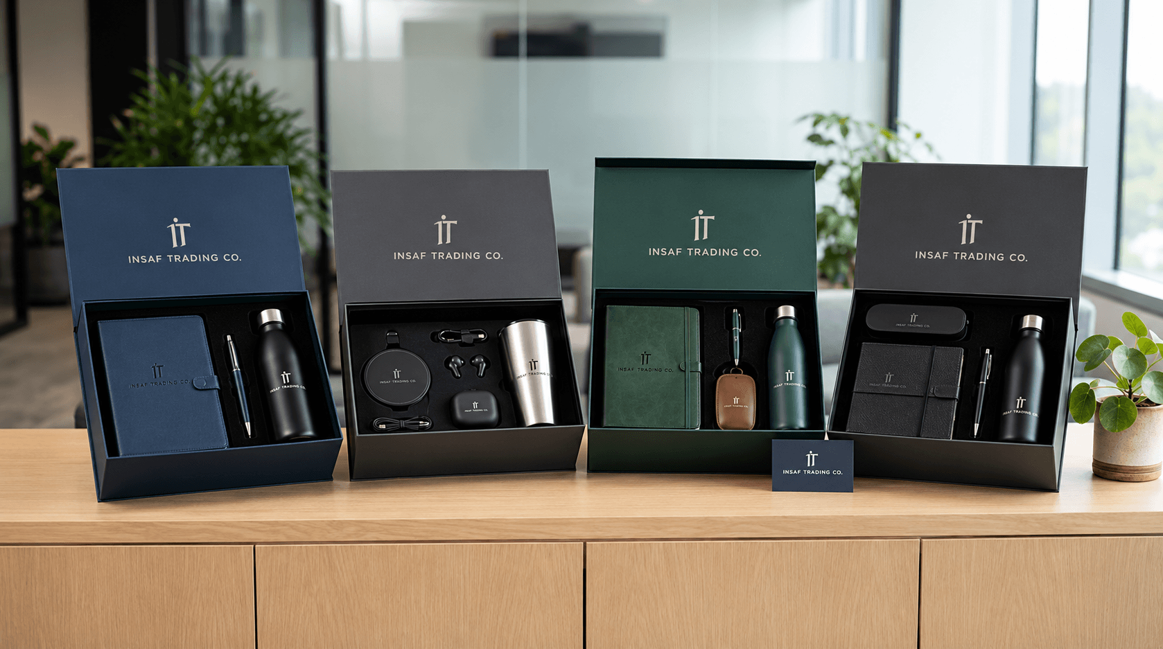 Luxurious corporate gift boxes containing engraved metal thermoses, leather notebooks, and stationery.